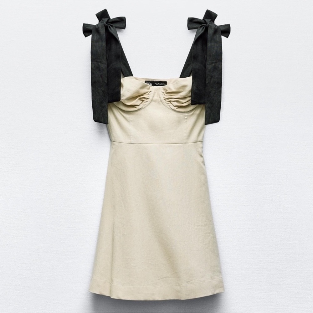 Zara Cream Mini Dress with Black Bow Straps